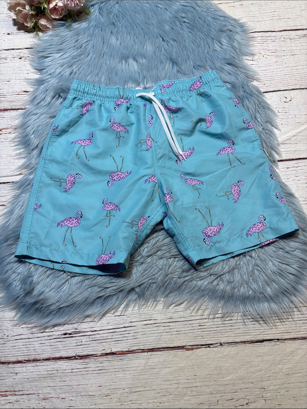 Ambsn California Men's Light Blue Flamingo Swim Trunks sz M